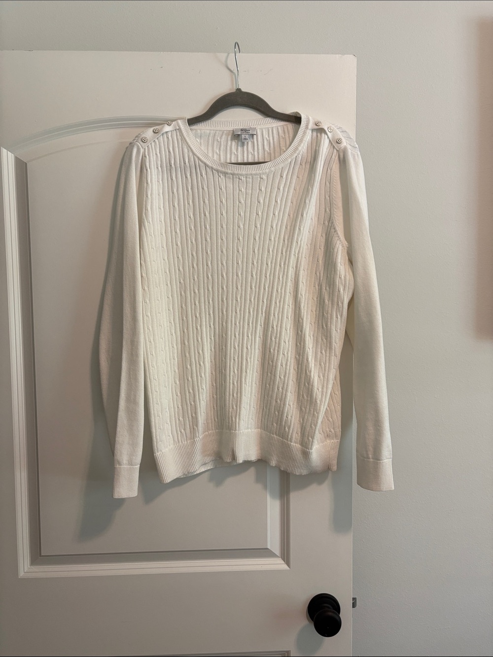 Kim Rogers Cream Cable-Knit Crew Sweater with Shoulder Buttons